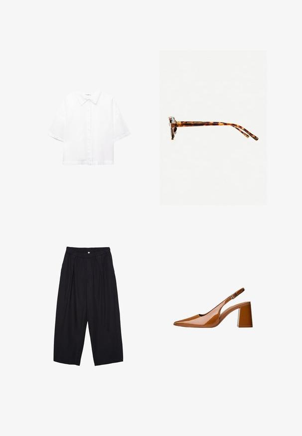 Biała, krótko rękawowa koszula z bawełny z klasycznym kołnierzykiem, z przodu zapinana na guziki, o luźnym kroju. Gładka faktura bez wzorów.; Czarne spodnie culotte z poliestru z elastycznym pasem, dwoma fałdami z przodu i luźnym krojem. Brak widocznych wzorów lub elementów metalowych.; Brązowy lakierowany but na obcasie typu slingback z ostrym noskiem i masywnym obcasem. Posiada wycięcie po boku i regulowany metalowy klamrę.; Okulary przeciwsłoneczne w kratkę w grubej oprawie, lekko zakrzywionymi zausznikami i gładką teksturą. Charakteryzują się klasycznym wzornictwem i błyszczącym wykończeniem.