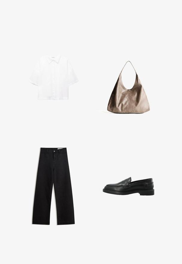 Witte kortek Mouwen Katoenen Overhemd met een klassieke kraag, voorkant knoopsluiting en een ontspannen pasvorm. Gladde textuur zonder patronen.; Zwarte denim broek met wijde pijpen en een hoge taille, voorzien van voor- en achterzakken, gestikte naden en een knoopsluiting. Gladde textuur.; Zwarte leren instapper met een ronde neus, voorstripdetail en platte rubberen zool. Glad oppervlak met minimale stikselaccenten.; Beige leren hobo tas met een gladde textuur. Voorzien van een grote open bovenkant en een enkele, brede schouderriem. Rond, slungelig ontwerp.