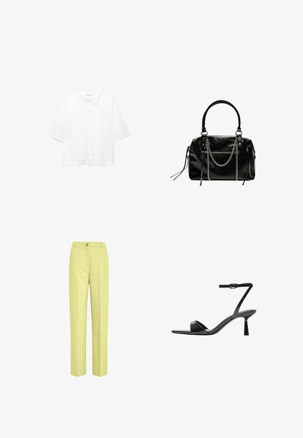 White short-sleeved shirt made of cotton with a classic collar, front button closure, and a relaxed fit. Smooth texture with no patterns.; Light yellow wide-leg trousers made of smooth fabric, featuring a single button closure and a flat front design.; Bershka High heeled sandals - black; Bershka WITH CHAIN - Handbag - black