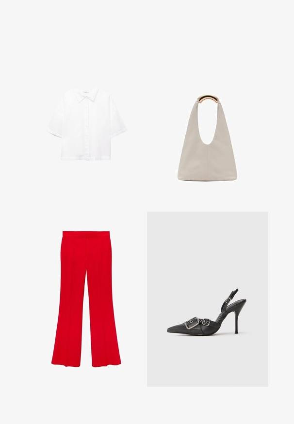 Cămașă albă cu mâneci scurte, din bumbac, cu un guler clasic, închidere frontală cu butoane și o croială lejeră. Textură netedă, fără modele.; Pantaloni roșii evazați, confecționați dintr-un material neted, cu un talie înaltă și două buzunare frontale. Designul are linii curate și o croială ajustată.; Stiletto cu vârf ascuțit, de culoare neagră, cu catarame duble argintii și o brățară pentru gleznă, expus pe un fundal alb simplu.; Geantă din piele gri deschis cu un design în formă de U și un mâner metalic curbat. Textură netedă cu cusături minime și fără modele vizibile.