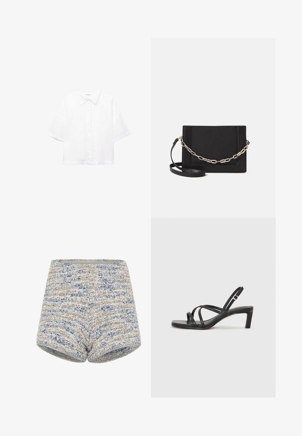 Cămașă albă cu mâneci scurte, din bumbac, cu un guler clasic, închidere frontală cu butoane și o croială lejeră. Textură netedă, fără modele.; Shorts țesute, cu un material texturat în dungi albastre și bej, talie dreaptă și siluetă ajustată.; Sandal cu barete negre, cu vârf pătrat și toc mic de bloc. Prezintă mai multe barete subțiri și o bareta ajustabilă la gleznă. Fabricat din piele netedă.; Geantă de umăr din piele neagră, cu o textură netedă, formă rectangulară și un detaliu din lanț metalic în față. Include curea reglabilă.