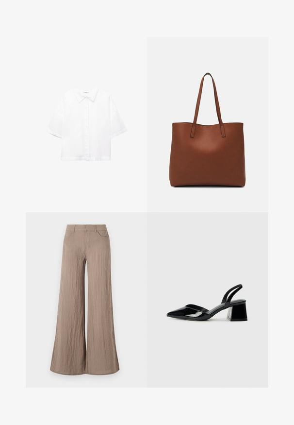 Cămașă albă cu mâneci scurte, din bumbac, cu un guler clasic, închidere frontală cu butoane și o croială lejeră. Textură netedă, fără modele.; Pantaloni largi de culoare maro deschis, cu un finisaj texturat, având talie înaltă, buzunare frontale și o siluetă fluidă, lejeră.; Pantofi cu toc slingback din piele lacuită neagră, cu vârf ascuțit și toc geometric. Prezintă un design elegant, minimalist și o textură netedă.; Geantă de umăr din piele maro cu o textură netedă, design cu vârf deschis și două curele pentru umăr. Prezintă cusături minime și fără componente metalice vizibile.