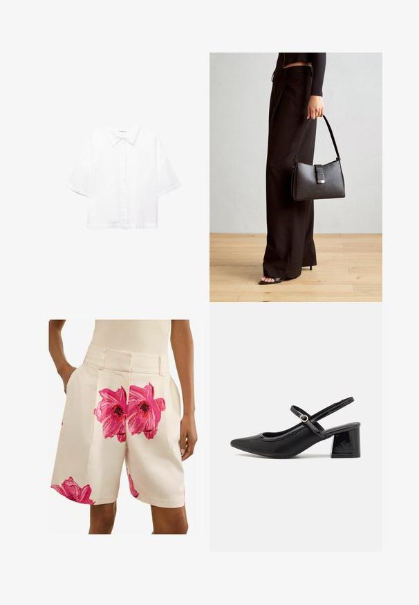 Bela kratka srajca s kratkimi rokavi, izdelana iz bombaža, s klasičnim ovratnikom, sprednjim zapiranjem na gumbe in sproščenim prileganjem. Gladka tekstura brez vzorcev.; Next PETITE - FLORAL TAILORED - Kratke hlače - ecru pink; Črne patentne usnjene salonarce s slingback obliko, s koničastim nosom, zaobljenim izrezom in blok peto. Imajo zlato kovinsko zaponko kot dodatno okrasje.; Črna torbica z strukturirano obliko, gladko teksturo in kovinskim zaponko. Ujemajo se z širokimi črnimi hlačami in odprtimi sandali na lesenem tleh.
