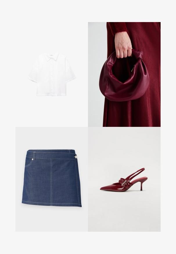 Witte kortek Mouwen Katoenen Overhemd met een klassieke kraag, voorkant knoopsluiting en een ontspannen pasvorm. Gladde textuur zonder patronen.; Denim mini-rok in donkerblauw met witte stiksels, voorzien van een enkele voorzak en een metalen knoopsluiting bij de tailleband.; Rode gepatenteerde leren slingbackhakken met een spitse neus, twee gespsluitingen en een slanke, middelhoge stilettohak. Glad textuur.; Bordeaux leren handtas met een zacht, gegathered ontwerp en een ronde vorm. De handgreep is stevig bevestigd en toont een gladde textuur.