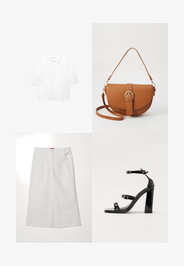 Weißes kurzärmeliges Hemd aus Baumwolle mit einem klassischen Kragen, vorderem Knopfverschluss und einem lockeren Schnitt. Glatte Textur ohne Muster.; Weiße weit geschnittene Baumwollhose mit zwei vorderen Taschen, einer glatten Textur und einem geraden Bund mit verdecktem Verschluss.; Schwarze Lackleder-Sandalen mit hohen Absätzen, zwei Riemen mit Schnallen, quadratischer Zehenpartie und klobigem Blockabsatz, mit einer glatten, glänzenden Textur.; Braune Leder-Crossbody-Tasche mit geschwungener Form, goldfarbenen Beschlägen und einer Schnallenakzentuierung. Verfügt über einen abnehmbaren Schultergurt.