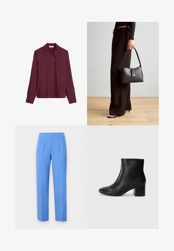 Bordowa koszula z guzikami, z wyszczególnionym kołnierzykiem, długimi rękawami i luźnym krojem. Wykonana z gładkiego materiału, z sześcioma dopasowanymi guzikami.; Niebieskie dopasowane spodnie wykonane z gładkiego materiału, z bocznymi kantami, o prostym kroju i czystym pasie. Bez widocznych elementów metalowych czy wzorów.; Czarne skórzane botki za kostkę z ostrym noskiem i masywnym obcasem. Gładka tekstura z minimalnymi akcentami i elegancki, dopasowany fason.; Czarna torebka o usztywnionym kształcie, gładkiej fakturze i metalowym zapięciem. Połączona z szerokimi czarnymi spodniami i sandałami na otwartym palcu na drewnianej podłodze.