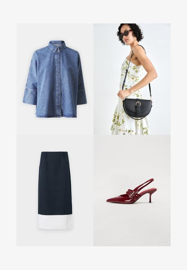 Denim srajca v svetlo modri barvi z dolgimi rokavi, koničastim ovratnikom, sprednjimi gumbi in sproščenim krojem. Narejena iz mehkega denim materiala.; Mornarsko prugasta krila z večplastnim belim robom, s ravnim dizajnom in diskretnimi sprednjimi gubami. Narejena iz gladkega materiala.; Rde lakirane sandalete na peto s ostrim nosom, dvema sponkami in tanko, srednje visokim peto središče. Gladka tekstura.; Črna usnjena torbica s ukrivljeno obliko, z odstranljivo naramnico in zlatimi dodatki. Torbica ima pokrov s podrobnostmi v obliki zaponke.
