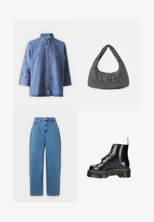Camisa de mezclilla en azul claro con mangas largas, collar puntiagudo, botones en la parte delantera y un ajuste relajado. Hecha de material de mezclilla suave.; Pantalones de mezclilla de color azul claro con un ajuste de pierna recta, cintura alta y cierre frontal con botón. Cuenta con cinco bolsillos y detalles de costura mínimos.; Botín de cuero negro hasta el tobillo con suela gruesa, que presenta un cordón decorativo, un pespunte amarillo en la suela, y una lengüeta en el talón.; Bolso negro con forma curva de hobo, tejido texturizado con tachuelas plateadas. Asa superior singular, cierre de cremallera y silueta suave.