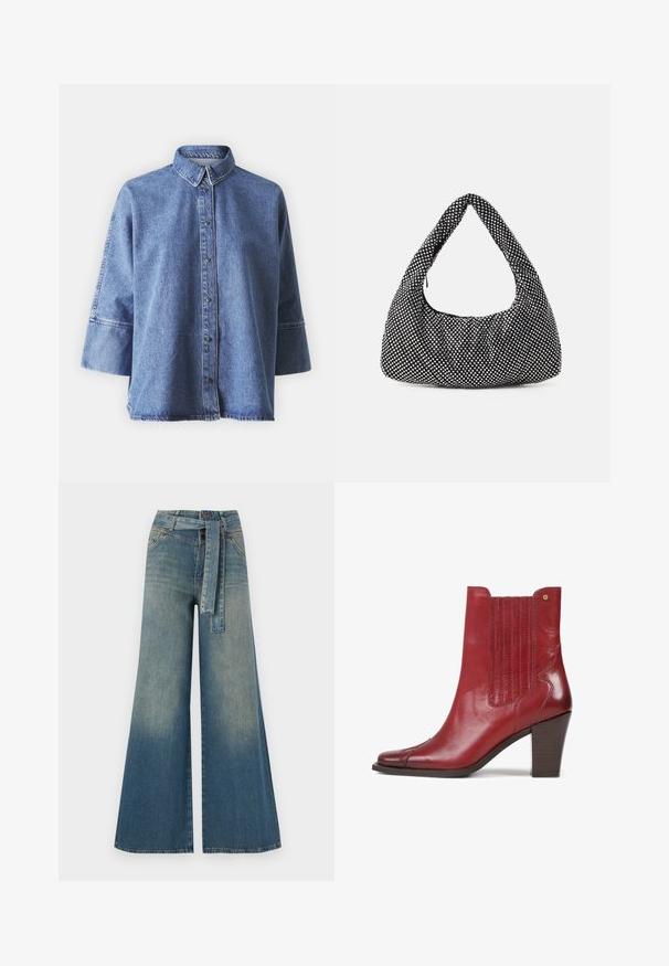 Camicia di denim di colore blu chiaro, con maniche lunghe, colletto a punta, bottoni frontali e vestibilità rilassata. Realizzata in morbido tessuto di denim.; Pantaloni in denim a gamba larga con una sfumatura che va dal blu chiaro al blu scuro, vita alta, passanti per cintura e una cintura in tessuto coordinato. Finitura in denim strutturato.; Stivaletto in pelle rossa con punta affusolata, cuciture verticali sui lati e tacco a blocco. Texture liscia con finitura lucida.; Borsa nera con una forma curva, stile hobo, in tessuto testurizzato con borchie argentate. Manico superiore singolo, chiusura con zip e silhouette morbida.