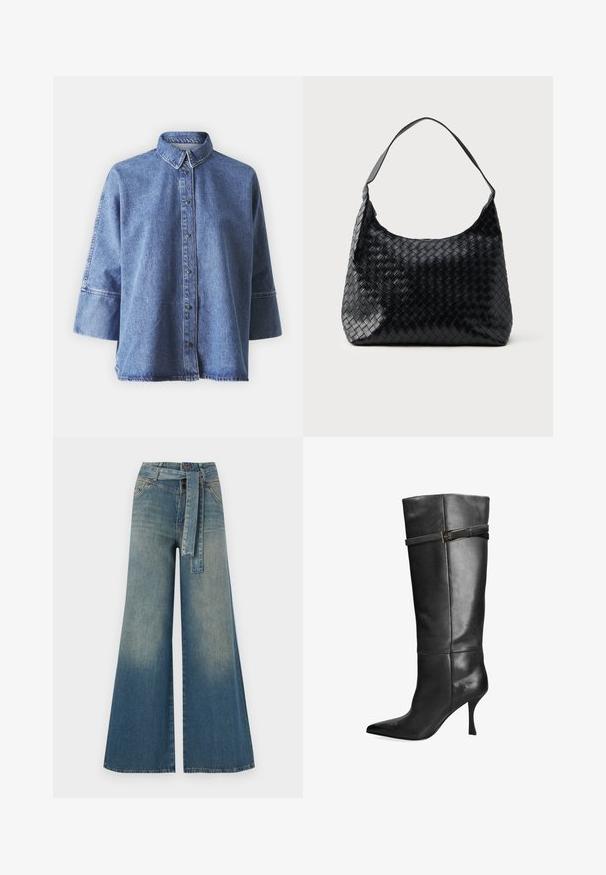 Denim shirt in light blue with long sleeves, pointed collar, front buttons, and a relaxed fit. Made of soft denim material.; Wide-leg denim trousers featuring a light to dark blue gradient, high waist, belt loops, and a matching fabric belt. Textured denim finish.; Black knee-high boot made of smooth leather. Features a pointed toe, slim heel, and a decorative strap with a buckle accent.; Black woven leather bag with a single shoulder strap, featuring a soft, curved shape and a shiny finish. No external pockets visible.