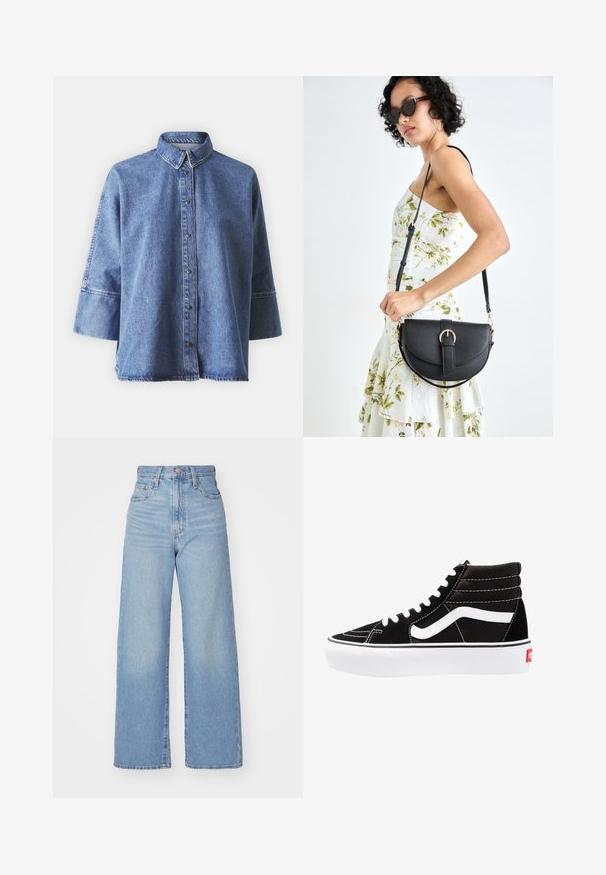 Šviesiai mėlyna džinsinė marškinė su ilgomis rankovėmis, smailiu apykakliu, priekiniais mygtukais ir laisvu siluetu. Pagaminta iš švelnaus džinsinio audinio.; Šviesiai mėlynos aukšto liemens plačios kojos džinsai su priekiniais užtrauktukais ir sagom, priekinėmis ir galinėmis kišenėmis, ant baltos fono.; Juodi aukšti sportbačiai su baltais raišteliais, baltu logotipu ir kontrastinga balta siuvinėta. Turi storą baltą padas ir tekstūruotą zomšos viršutinę dalį.; Juodas odinis krepšys su išlenkta forma, nuimamu dirželiu ir auksiniais detalėmis. Krepšys turi kilpą su sagtimi.