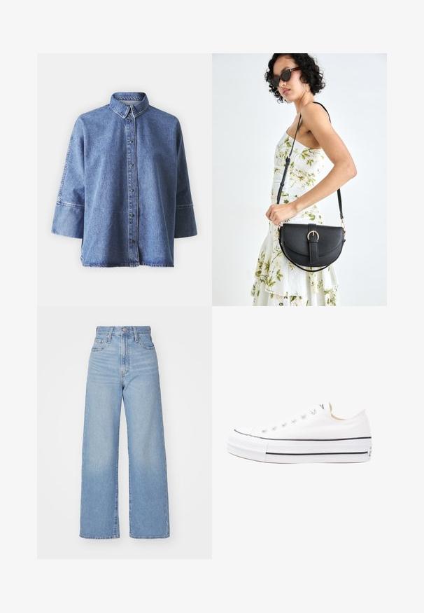 Chemise en denim bleu clair à manches longues, col pointu, boutons sur le devant et coupe décontractée. Fabriquée en denim doux.; Jean large taille haute bleu clair avec bouton et fermeture éclair à l'avant, poches avant et arrière, sur fond blanc.; Baskets en toile blanches avec une semelle en caoutchouc, design à coupe basse, accents noirs le long de la semelle et bout rond. Équipées d'œillets en métal.; Sac à main en cuir noir avec une forme courbée, bandoulière amovible et des accessoires en or. Le sac est doté d'un rabat avec un détail de boucle.