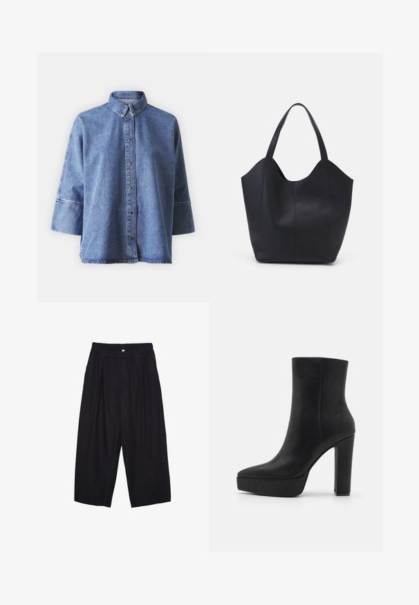 Denim srajca v svetlo modri barvi z dolgimi rokavi, koničastim ovratnikom, sprednjimi gumbi in sproščenim krojem. Narejena iz mehkega denim materiala.; Črne poliesterske culotte hlače z elastičnim pasom, dvema sprednjima nabiranjema in ohlapnim krojem. Brez vidnih vzorcev ali kovinskih detajlov.; Črne gležnjarje s koničasto toe, izdelane iz gladkega usnja. Imajo debel, visok peto in platformo za dodatno višino.; Črna torba v obliki tote iz gladke usnjene površine, ki ima ukrivljen odprt vrh z dvema naramnicama in minimalističnim dizajnom.