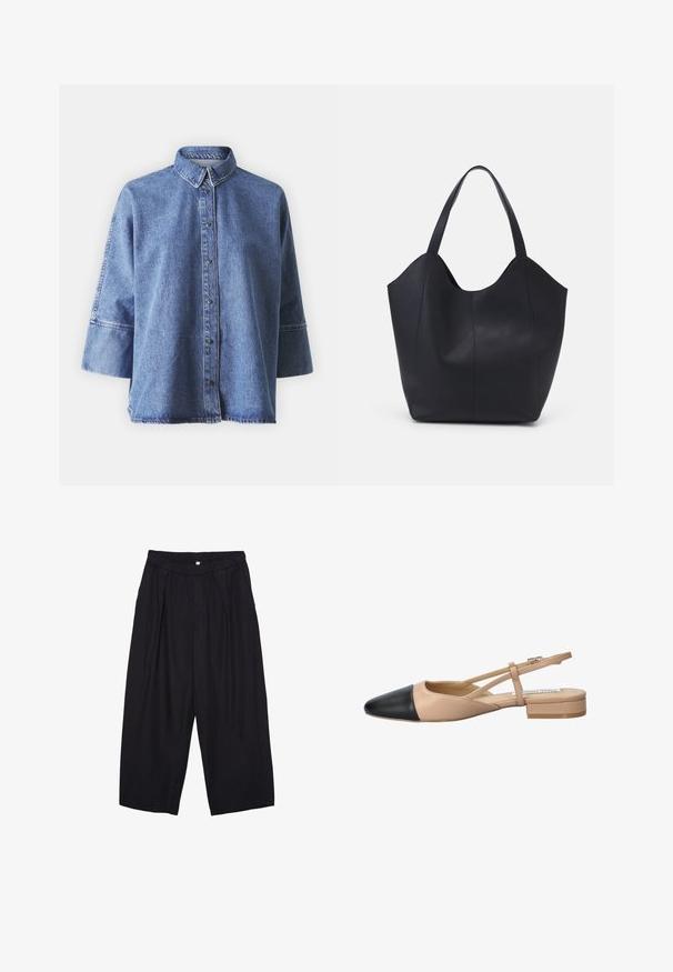 Denim shirt in light blue with long sleeves, pointed collar, front buttons, and a relaxed fit. Made of soft denim material.; Black polyester culotte pants with an elastic waistband, two front pleats, and a loose silhouette. No visible patterns or hardware details.; Beige and black two-tone slingback shoe with a pointed toe, flat heel, and crisscross strap detail. Smooth leather texture.; Black tote bag made of smooth leather, featuring a curved, open top with two shoulder straps and a minimalist design.