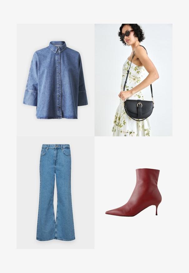 Hele sinine teksapusa pikka varrukatega, terava kraega, eesnuppudega ja vabalt istuv. Valmistatud pehmest teksakangast.; Heledad sinine flared teksade rõivad, millel on kõrge talje, viis taskut ja üks nupulukk. Pehme tekstuur ja pleekinud viimistlus.; Punane nahast kõrge säärega saabas terava varbaga, tiheda ülaosaga ja kitsase kandaga. Sile tekstuur, stiilne disain ja tugevalt kontrastiv must tald.; Mustmust mustraha kõverate joontega, eemaldatava rihmaga ja kuldsete detailidega. Kotil on klapp, millel on pandladetail.