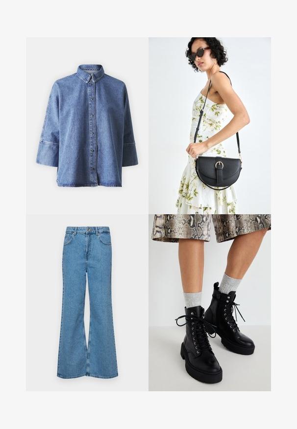 Denim srajca v svetlo modri barvi z dolgimi rokavi, koničastim ovratnikom, sprednjimi gumbi in sproščenim krojem. Narejena iz mehkega denim materiala.; Svetlo modri razširjeni džins hlače iz denima, z visokim pasom, petimi žepi in enim gumbom za zapiranje. Mehka tekstura z blagim zbledelim videzom.; Steve Madden GUSTO - Gležnjarji s platformo - black; Črna usnjena torbica s ukrivljeno obliko, z odstranljivo naramnico in zlatimi dodatki. Torbica ima pokrov s podrobnostmi v obliki zaponke.