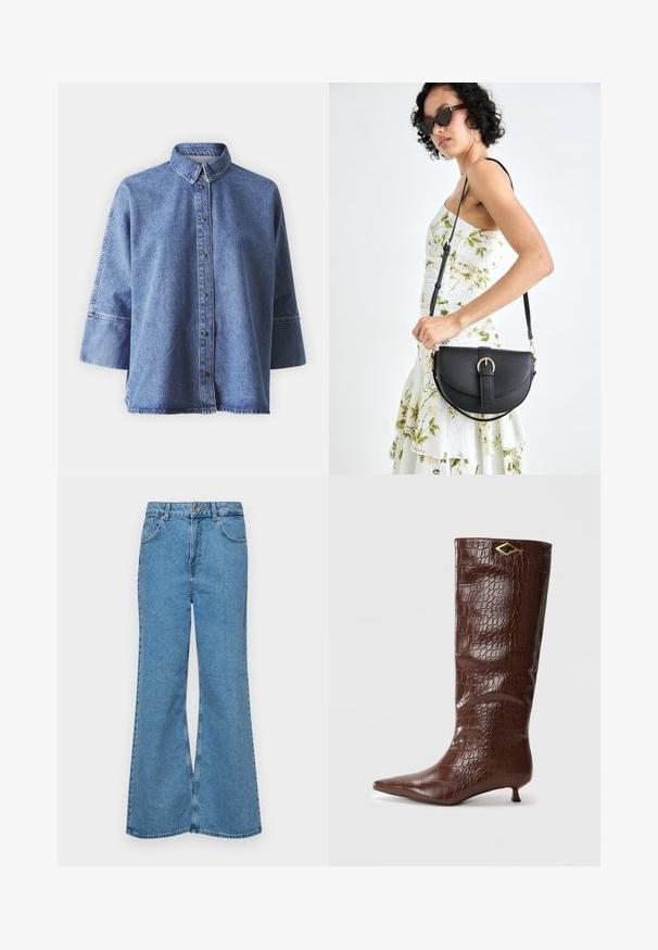 Vaaleansininen farkkupaita, jossa on pitkät hihat, terävä kaulus, etupaino ja rento leikkaus. Valmistettu pehmeästä farkkukankaasta.; Vaaleansiniset leveälahkeiset farkut, joissa on korkea vyötärö, viisi taskua ja yksi napin sulkeminen. Pehmeä pinta, jossa on haalistunut viimeistely.; Ruske nahodne kožne čizme do kolena s uzorkom krokodila, s oštrom kapicom i malim, kvadratnim potpeticama. Imaju zlatni akcent u obliku dijamanta.; Musta nahkainen käsilaukku, joka on kaareva muotoilultaan, irrotettavalla hihnalla ja kultaisilla yksityiskohdilla. Laukussa on läppä, jossa on solk yksityiskohta.