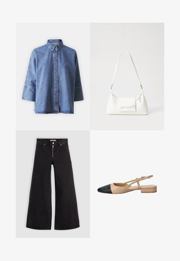 Camicia di denim di colore blu chiaro, con maniche lunghe, colletto a punta, bottoni frontali e vestibilità rilassata. Realizzata in morbido tessuto di denim.; Jeans a gamba larga in denim nero con chiusura a zip, design a cinque tasche e dettagli di cucitura sottili. Texture morbida e stile casual.; Scarpa slingback bicolore beige e nera con punta affilata, tacco piatto e dettaglio a fascia incrociata. Texture in pelle liscia.; Borsa sintetica bianca a forma triangolare, con patta anteriore piatta e dettaglio a fiocco, tracolla regolabile, texture liscia e design minimalista.
