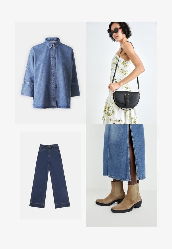 Világoskék farmering hosszú ujjakkal, hegyes gallérral, elöl gombokkal és laza fazonnal. Puha farmer anyagból készült.; Sötétkék denim széles lábú farmernadrág. Öt zsebbel, övhurkokkal és nyers szegéllyel az alján, amelyen látható varrási részletek találhatók.; Barna velúr bokacsizmák rugalmas oldalsó panelekkel és fekete tömbsarkakkal. Világoskék farmer szoknyával viselve, amelynek oldalsó hasítéka van.; Fekete bőrtáska ívelt formával, levehető pánttal és arany színű fémrészekkel. A táskán egy csattal díszített fedél található.