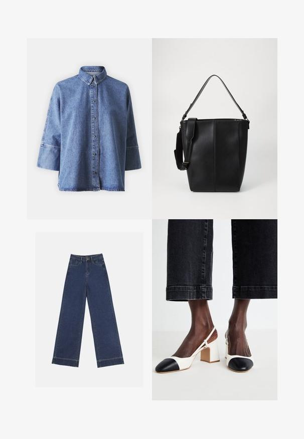 Traper košulja svijetlo plave boje s dugim rukavima, oštrim ovratnikom, prednjim gumbima i opuštenim krojem. Izrađena od mekog traper materijala.; Široke traperice u tamnoplavom denimu. Imaju pet džepova, petlje za pojas i siroki rub na dnu s vidljivim detaljima šavova.; Bijele i crne natikače s blok petom i otvorenom petom, s oštrim vrhom, glatkim kožnim materijalom i kontrastnim detaljima na vrhu cipele.; Crna kožna torba u obliku kante sa glatkom teksturom, dva nosiva remena i kontrastnim vertikalnim šavovima na prednjem dijelu.