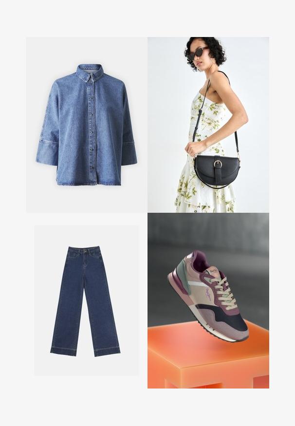 Traper košulja svijetlo plave boje s dugim rukavima, oštrim ovratnikom, prednjim gumbima i opuštenim krojem. Izrađena od mekog traper materijala.; Široke traperice u tamnoplavom denimu. Imaju pet džepova, petlje za pojas i siroki rub na dnu s vidljivim detaljima šavova.; Tenisice u kombinaciji mauve, ružičaste i tamnoplave nijanse; materijali tkanine i kože; slojeviti dizajn; istaknuti logo i teksturirani detalji.; Crna kožna torba s lukovitim oblikom, odvojivim remenom i zlatnim detaljima. Torba ima preklop s kopčom.