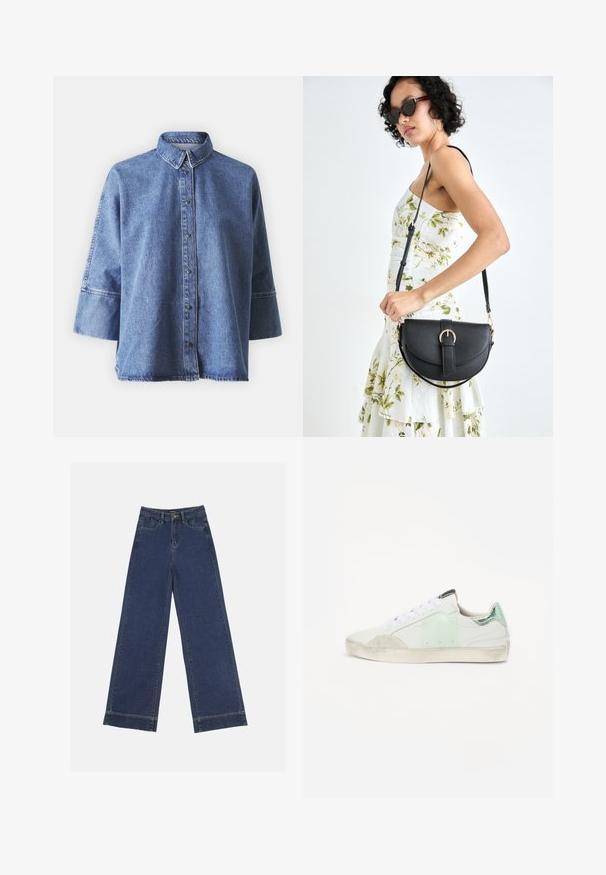 Denim srajca v svetlo modri barvi z dolgimi rokavi, koničastim ovratnikom, sprednjimi gumbi in sproščenim krojem. Narejena iz mehkega denim materiala.; Široke traperice v temno modrem denimu. Imajo pet žepov, zanke za pas in surov rob na dnu z vidnimi šivi.; Bele tene s športnim dodatkom v mint zeleni in svetlo sivi barvi, teksturirana tkanina, gumijast podplat in bele vezalke. Rahlo obrabljen videz na prstnem delu.; Črna usnjena torbica s ukrivljeno obliko, z odstranljivo naramnico in zlatimi dodatki. Torbica ima pokrov s podrobnostmi v obliki zaponke.