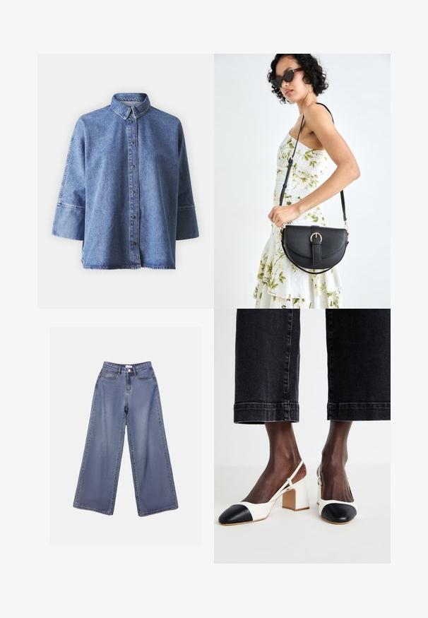 Cămașă din denim în albastru deschis, cu mâneci lungi, guler ascuțit, nasturi în față și o croială lejeră. Fabricată din material denim moale.; Jeans din denim cu picioare largi într-o nuanță de albastru deschis, având talie înaltă, buzunare frontale și închidere cu nasture și bucle pentru curea.; Pantofi slingback cu toc bloc alb și negru, cu vârful ascuțit, din material de piele netedă și detalii în culori contrastante pe vârful pantofului.; Geantă din piele neagră, cu o formă curbată, curea detașabilă și accesorii aurii. Geanta are un capac cu un detaliu tip cataramă.