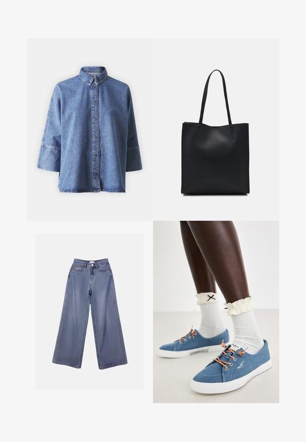 Camisa de denim azul claro com mangas longas, colarinho pontiagudo, botões à frente e um corte descontraído. Feita de material de denim suave.; Calças de ganga de perna larga numa lavagem azul clara, com uma cintura alta, bolsos frontais e fecho de botão com passadores para cinto.; Ténis de lona azuis com solas de borracha brancas, atacadores castanhos e logótipo. Usados com meias brancas caneladas até ao joelho e punhos de creme felpudos.; Bolsa tote preta em couro com textura lisa, forma retangular e duas alças longas. Sem hardware ou enfeites visíveis.