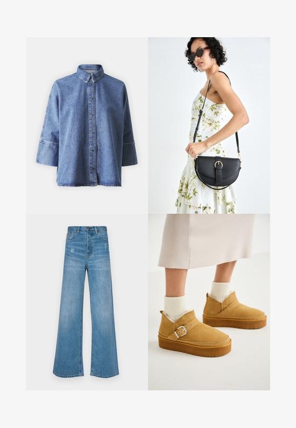 Denim srajca v svetlo modri barvi z dolgimi rokavi, koničastim ovratnikom, sprednjimi gumbi in sproščenim krojem. Narejena iz mehkega denim materiala.; LOIS Jeans SKATER LOOSE - Široke kavbojke - stone; Bordeaux semiš škornji do gležnjev s ravnim podplatom, z zaponko in mehko notranjo oblogo, v kombinaciji z rebrastimi kremnimi nogavicami.; Črna usnjena torbica s ukrivljeno obliko, z odstranljivo naramnico in zlatimi dodatki. Torbica ima pokrov s podrobnostmi v obliki zaponke.