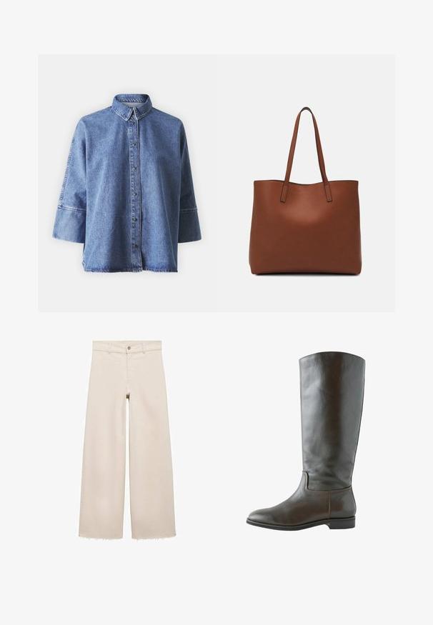 Cămașă din denim în albastru deschis, cu mâneci lungi, guler ascuțit, nasturi în față și o croială lejeră. Fabricată din material denim moale.; Jeans bej cu picioare largi și talie înaltă, cu închidere cu buton, buzunare frontale și tiv desfăcut. Fabricate din material denim.; Botă din piele maro, până la genunchi, cu o textură netedă, vârf rotund și detalii de cusătură minime. Talpa este plată, cu un toc jos.; Geantă de umăr din piele maro cu o textură netedă, design cu vârf deschis și două curele pentru umăr. Prezintă cusături minime și fără componente metalice vizibile.