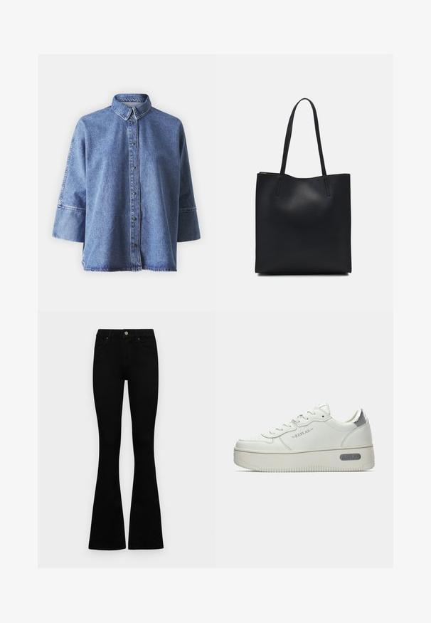 Denimskjorte i lyseblå med lange ærmer, spidse kraver, knapper foran og en afslappet pasform. Lavet af blødt denim-materiale.; Sorte højtaljede jeans med knap- og lynlåslukning, forlommer og flagrende ben, lagt fladt på en hvid baggrund.; Hvide lædersneakers med en tekstureret sål, der har en sølvmetallic hælkappe og "REPLAY" branding på siden. Minimalistisk design.; Sort læder tote taske med glat tekstur, rektangulær form og to lange hanke. Ingen synlig hardware eller udsmykninger.