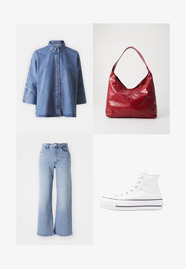 Gaiši zila džinsu krekls ar garām piedurknēm, norādītu apkakli, priekšējiem pogām un brīvu piegriezumu. Izgatavots no mīksta džinsu materiāla.; Gai zilganzs augsta jostas platajām biksēm ar priekšējām un aizmugurējām kabatām, pogu aizdari un nelielu izbalējumu gurnos un apakšmalās.; Balti augstie kanvas sporta apavi ar melnu gumijas zoli, priekšējo gumijas purngalu un sešām acīm lencēm, kuriem ir tīrs, minimālistisks dizains.; Sarkans ādas hobo soma ar mīkstu, teksturētu virsmu, vienu plecu siksnu un noapaļotu, sagruvušu formu.