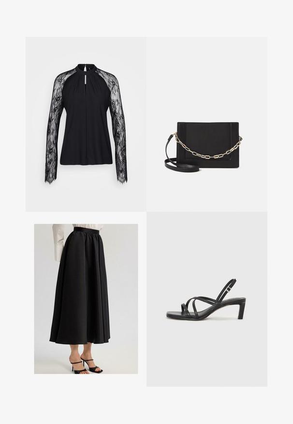 Fekete blúz hosszú csipkés ujjal, magas nyakkivágással és kulcslyuk részlettel elöl. A sima testanyag kontrasztban áll a bonyolult csipke textúrával.; Fekete maxi szoknya sima anyagból, ráncolt derékkal és lebegő kialakítással, fekete pántos magassarkúval párosítva.; Fekete pántos szandál négyzetes orral és alacsony blokk sarkal. Több vékony pánttal és állítható boka pánttal rendelkezik. Sima bőrből készült.; Fekete bőr keresztpántos táska, sima textúrával, téglalap alakú és fém lánc részlettel az elején. Állítható pánttal ellátva.