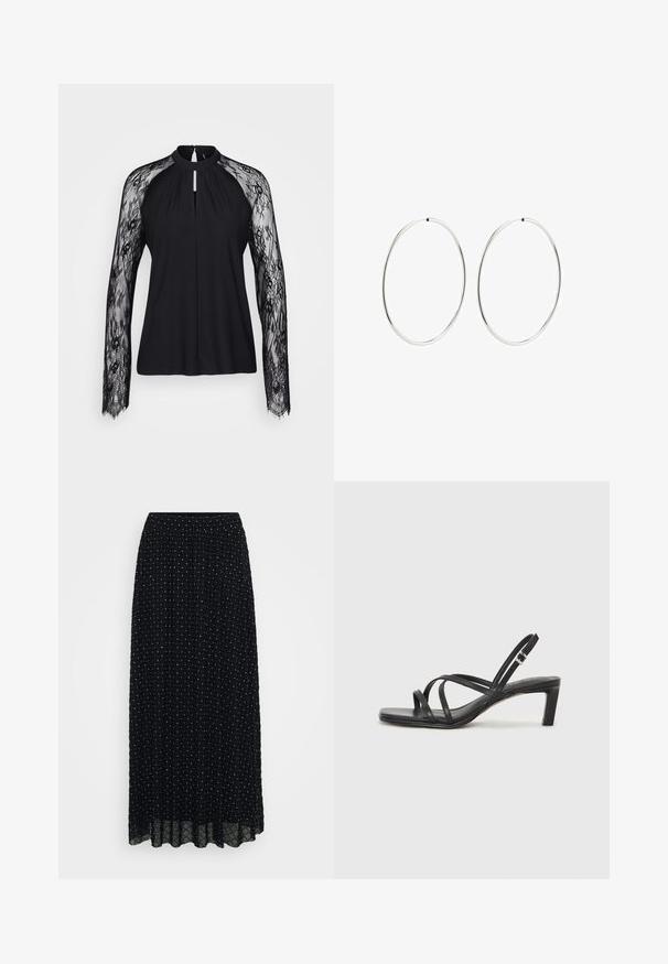 Blusa nera con maniche lunghe in pizzo, scollo alto e dettaglio a forma di chiave nella parte anteriore. Il tessuto delicato del corpo contrasta con la complessità della texture in pizzo.; Gonna nera maxi con vita elasticizzata, caratterizzata da un motivo testurizzato di diamanti e puntini su tutta la superficie, e orlo trasparente.; Sandalo nero con cinturini, dalla punta squadrata e tacco basso a blocco. Presenta diversi cinturini sottili e una cinturini regolabile alla caviglia. Realizzato in pelle liscia.; Orecchini a cerchio in argento con un design rotondo e liscio e una finitura lucida. Sono sottili e leggeri, con una semplice chiusura a scatto.