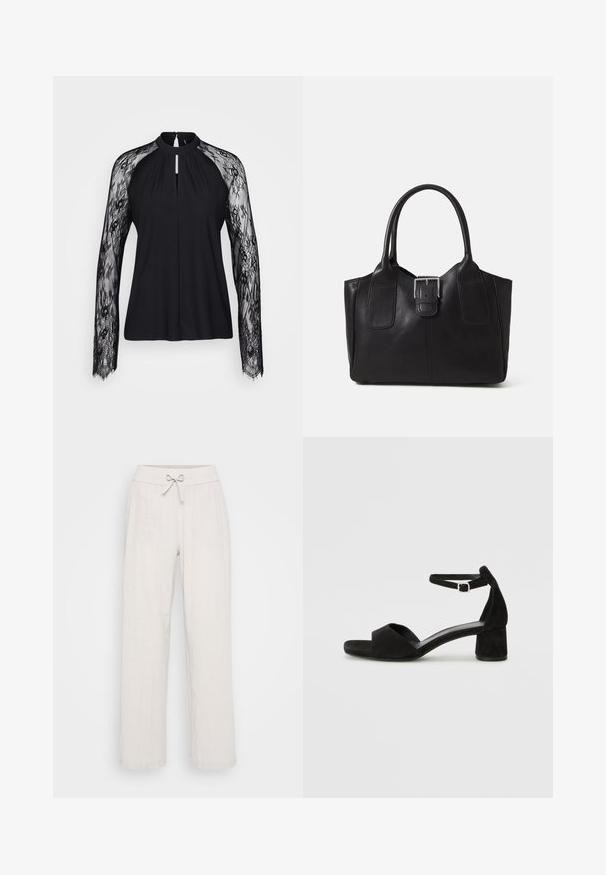 Black blouse with long lace sleeves, high neckline, and keyhole detail at the front. Smooth body fabric contrasts with intricate lace texture.; Light beige linen pants with a wide leg design, an elastic waistband, and a front tie detail. Textured fabric adds visual interest.; Black suede heeled sandals with a thin ankle strap, open toe design, and a modest block heel. Smooth texture and minimal accents.; Black leather tote bag with smooth texture, structured shape, two handles, and a prominent silver buckle detail on the front.