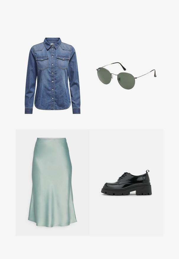 Sötétkék farmering, galléros nyakkal, hosszú ujjakkal, dupla mellzsebbel és kontrasztos varrási részletekkel.; Mentazöld selyemszatén szoknya sima textúrával, karcsú sziluettel és enyhe hasítékkal az egyik oldalon. Nincs látható fémrész vagy minta.; Fekete lakkbőr cipők vastag talppal és széles fűzővel. Kerek orr, minimális díszítés és egy kis sarkantyú a hátsó részén.; Fémkeretes napszemüveg ovális zöld lencsékkel. Vékony ezüst színű fémkeret és fekete fülrész. Minimalista dizájn, látható logók nélkül.