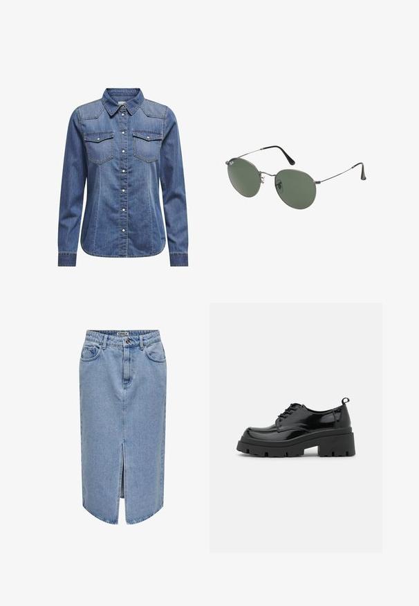 Cămașă din denim de culoare albastru închis, cu guler, mâneci lungi, două buzunare pe piept și detalii de cusătură contrastante.; Fustă din denim de culoare albastru deschis, cu un croi drept, slit frontal, design cu cinci buzunare și fermoar cu închidere cu buton.; Pantofi din piele lacuită neagră cu o talpă platformă masivă și șireturi groase. Vârf rotunjit, detalii minime și o mică bucată de suport la spate.; Ochelari de soare cu ramă metalică, dotati cu lentile ovale verzi. Ramă subțire din metal argintiu și ușițe negre. Design minimalist, fără logo-uri vizibile.