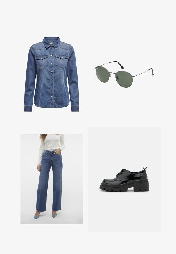 Camicia in denim di colore blu scuro, con colletto, maniche lunghe, doppie tasche sul petto e dettagli di cucitura a contrasto.; Jeans larghi a vita alta di colore blu chiaro con cinque tasche, chiusura con bottone e passanti per cintura, abbinati a un top fitted a maniche lunghe bianco.; Scarpe in pelle verniciata nera con una suola piattaformata chunky e lacci spessi. Punta arrotondata, dettagli minimi e un piccolo tassello sul tallone sul retro.; Occhiali da sole con montatura in metallo e lenti verdi ovali. Montatura sottile in metallo argento e terminali neri. Design minimalista, senza loghi visibili.