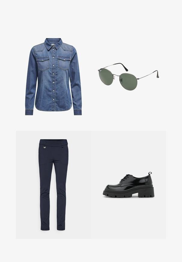 Sötétkék farmering, galléros nyakkal, hosszú ujjakkal, dupla mellzsebbel és kontrasztos varrási részletekkel.; Sötétkék, testre szabott nadrág rugalmas anyagból, sima textúrával, elülső zsebekkel és fém gomb díszítéssel.; Fekete lakkbőr cipők vastag talppal és széles fűzővel. Kerek orr, minimális díszítés és egy kis sarkantyú a hátsó részén.; Fémkeretes napszemüveg ovális zöld lencsékkel. Vékony ezüst színű fémkeret és fekete fülrész. Minimalista dizájn, látható logók nélkül.