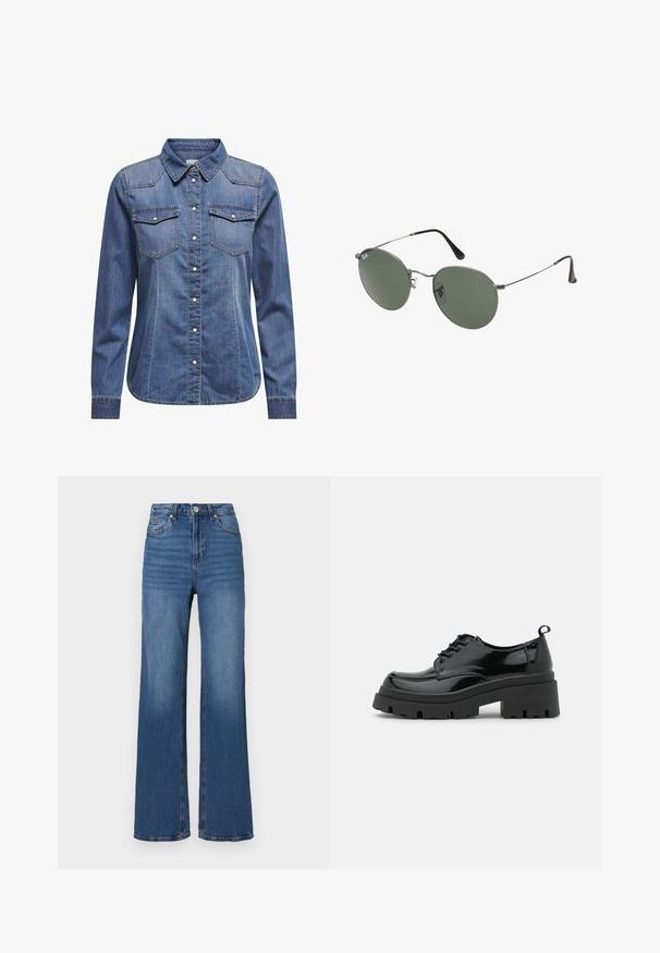 Denim shirt in dark blue, featuring a collared neck, long sleeves, double chest pockets, and contrasting stitching details.; High-waisted, wide-leg blue jeans made of denim, featuring a classic five-pocket design and subtle fading along the legs.; Black patent leather shoes with a chunky platform sole and thick laces. Rounded toe, minimal detailing, and a small heel tab at the back.; Metal-framed sunglasses with oval green lenses. Thin silver metal frame and black ear tips. Minimalist design, no visible logos.