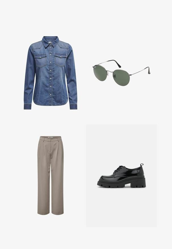 Tumši zilas džinsu krekls ar apkakli, garām piedurknēm, dubultām krūšu kabatām un kontrastējošiem šuvēm.; Gai brūni plata kāja bikses ar krokām, gludu tekstūru un tīru jostas dizainu. Vienkāršas un daudzpusīgas dažādiem apģērbiem.; Melnas lakotas ādas kurpes ar masīvu platformas zoli un biezām šņorēm. Apaļa purngala forma, minimālas detaļas un neliela papēža cilpa aizmugurē.; Metāla rāmji saulesbrillēm ar ovālām zaļām lēcām. Tievs sudraba metal rāmji un melni ausu spilventiņi. Minimalistiska dizaina, bez redzamām apzīmējumiem.