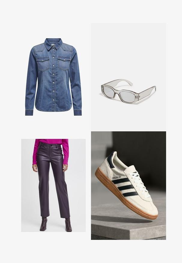 Tumši zilas džinsu krekls ar apkakli, garām piedurknēm, dubultām krūšu kabatām un kontrastējošiem šuvēm.; Violeta mākslīgās ādas bikses ar augstu jostu, gludu tekstūru, taisnas kāju dizainu un priekšējām kabatām. Apvienotas ar rozā garām piedurknēm topu.; Baltas zamša kedas ar tumši ziliem svītrām, gumijas zole, teksturēts augšdaļa, apaļa purngala forma un auklas; sānos un mēlītē ir zīmola nosaukums.; Pelēki caurspīdīgi saulesbrilles ar taisnstūra formu, plakaniem stikliem un biezām kājiņām. Satur smalku eņģes elementu uz tempļiem.