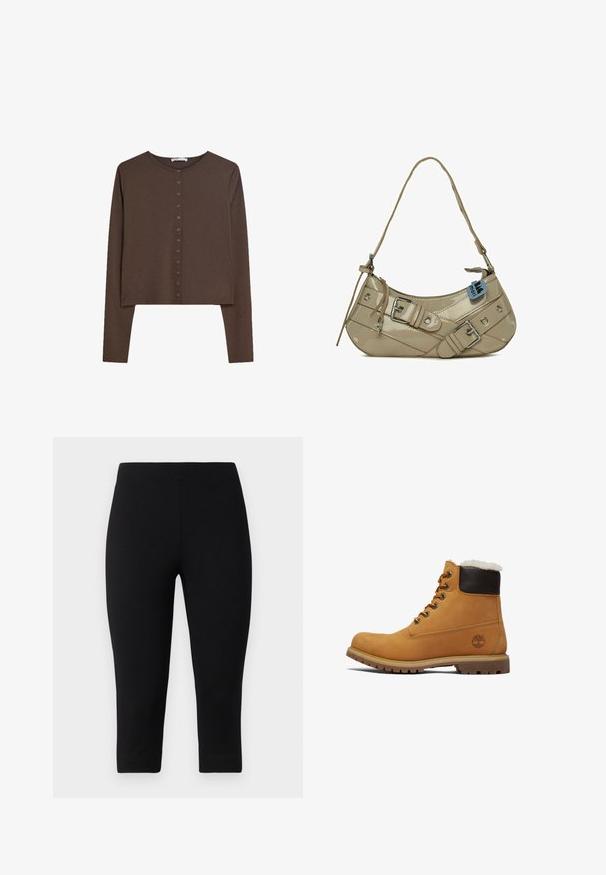 Rjav dolg rokav kardigan z zaobljenim ovratnikom in sprednjim zapenjanjem z vidnimi kovinskimi gumbi. Mehka, gladka tkanina s skrajšanim robom.; Črne kapri legice iz raztegljivega materiala, ki se tesno prilegajo in imajo gladko teksturo, brez izrazitih vzorcev ali dodatkov.; Tan usnjeni gležnjer z rjavim oblazinjenim ovratnikom, kovinskimi očesi in teksturirano, trpežno podplatom. Ima logotip blizu pete.; Bežna lakasta torbica s zakrivljenim oblikom, prilagodljivim remenom, srebrnim hardverom, dekorativnim kopčama in okroglimi bleščicami.; Dva metalna srebrna prstena narukvice, izdelana iz poliranih kroglic z brezšivnim oblikovanjem. Vsaka ima enotno okroglo obliko in gladko teksturo.