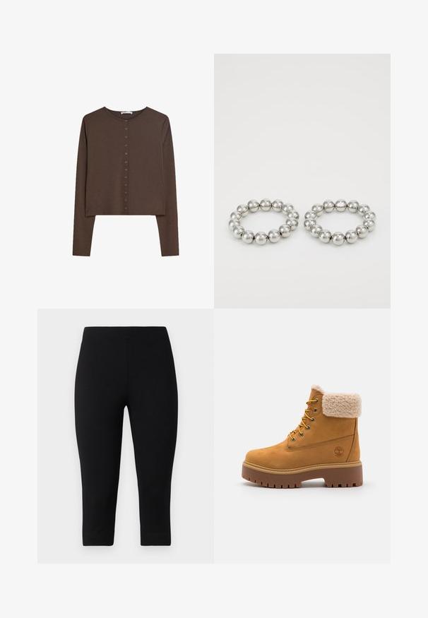 Brun långärmad cardigan med rundad halsringning och knäppning fram med synliga metalldelar. Mjukt, slätt tyg med kortad nederkant.; Svarta capri leggings gjorda av stretchigt material, med en åtsittande passform och slät textur, utan framträdande mönster eller detaljer.; Tan mockalädersko med en konstläderkrage, gyllene öglor och kontrasterande gummisula. Har en logotyp på sidan och ett strukturerat mönster på sulan.; Två metalliska silverringarmband i polerade sfärer med en sömlös design. Varje har en enhetlig cirkulär form och en jämn yta.