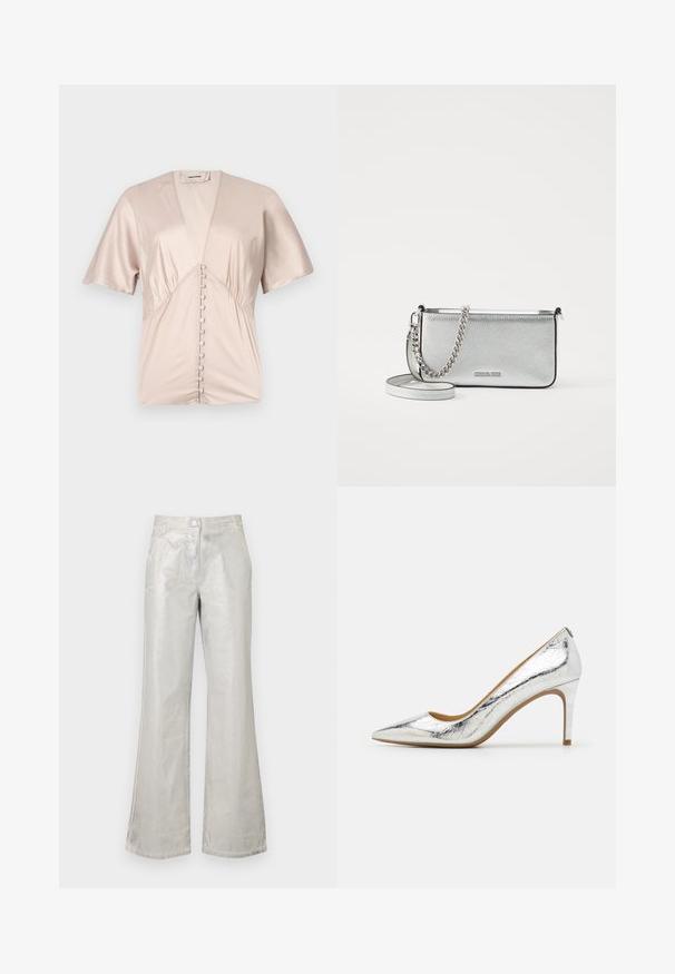 Lyhythihainen paita, joka on valmistettu sileästä, vaaleanbeigestä satiinista, syvällä V-kaula-aukolla ja koristepainikkeilla keskellä.; Hopeiset leveälahkeiset housut, jotka on valmistettu kiiltävästä materiaalista. Niissä on etuvetoketjukiinnitys, kaksi taskua ja näkyviä ompelutikkauksia.; Hopeakylkinen teräväkärkinen korkokenkä, jossa on sileä pinta, 4 tuuman korko ja hienovarainen ryppykuvio pinta-ala.; Hopeinen nahkainen olkalaukku, jossa on tekstuuri, ketju- ja hihnapainatukset sekä vetoketjukiinnitys. Edessä on logo.