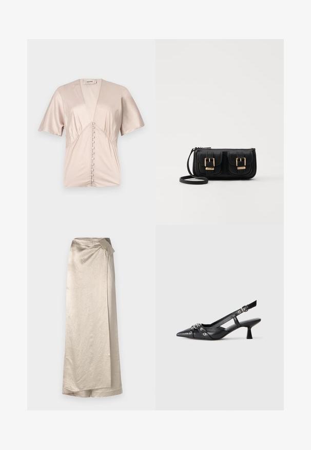 Kortærmet bluse lavet af glat, lys beige satin med en dyb V-halsudskæring og dekorative knapper ned langs midten.; Lang, beige nederdel lavet af et skinnende, struktureret stof. Har et omslagdesign med en sideløkke og en ren kant.; Sort lædersandal med spids tå, dekorative stropper med metaløjer og en lav blokhæl. Struktureret overflade.; Sort læder crossbody taske med to frontlommer, guldspænder, lynlåslukning og en slank rem. Struktureret overflade og kompakt rektangulær form.