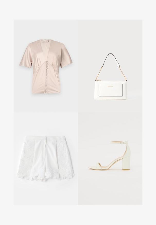 Trumpas rankovėmis bluzonas, pagamintas iš lygaus, šviesiai smėlio spalvos satino, su giliu V formos iškirpimu ir dekoratyviais mygtukais centre.; Balti šortai su tekstūruotais siuvinėjimais šonuose ir banguota apatine briauna. Švelni medžiaga su dekoratyviniais karoliukais.; Baltos odos blokinio kulno sandalai, su kulkšnies dirželiu ir sagtimi, minimalistinio dizaino. Atvira pirštų dalis ir sklandžios tekstūros visoje. ; Balta odinė rankinė su tekstūruotu paviršiumi, turinti auksinį grandinėlės dirželį ir juodas detales. Įskaičiuota priekinė kišenė ir užtrauktuko uždarymas.