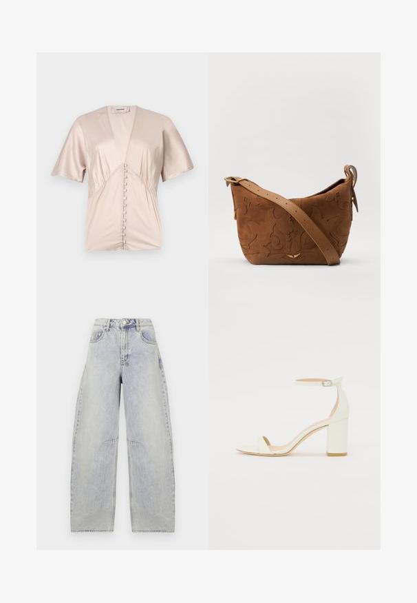 Lühikeste varrukatega pluus, mis on valmistatud sileda, heleda beeži satiinist, sügava V-kaelusega ja kaunistavate nööpidega keskelt.; Heledad sinine kotikujuline teksapliiats, millel on kõrge vöökoht, laiad jalad, kulunud tekstuur ja nähtavad õmblusdetailid. Omab eespooltaskuid ja nööbiga sulgemist.; Valge nahast takjakandiga sandaal, millel on kinnitusrihm ja minimalistlik disain. Avatud varvastes ja sileda pinnaga.; Pruun sametist õlavarre kott, millel on reljeefne lillemuster, mida täiendab sile pruun nahast rihm ja kuldse tooni lisandid.