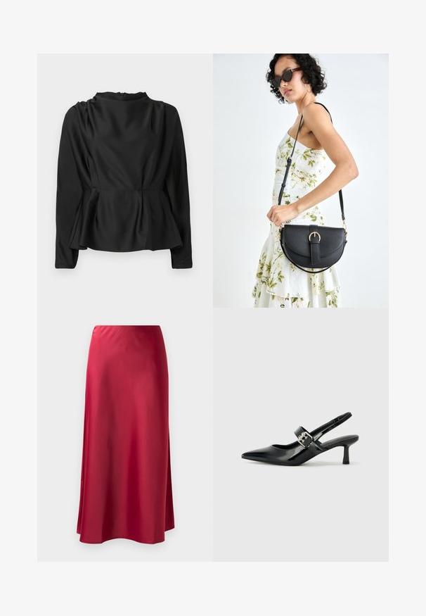 Must musta, pikkade varrukatega pluus peplum-vööga. Sile, satiinilaadne kangas kõrge kaelusega ja peidetud tõmblukuga taga.; Punane satiin pikk seelik, millel on sile tekstuur, veidi laienev vorm ja külgvahe, et tagada liikumisvabadus. nähtavad riistvara ega kaunistused puuduvad.; Mustad patenteeritud nahast sildiga kontsad, millel on terav nina ja väike plokk-konts, mille rihmal on hõbedane pandla aksessuaar.; Mustmust mustraha kõverate joontega, eemaldatava rihmaga ja kuldsete detailidega. Kotil on klapp, millel on pandladetail.