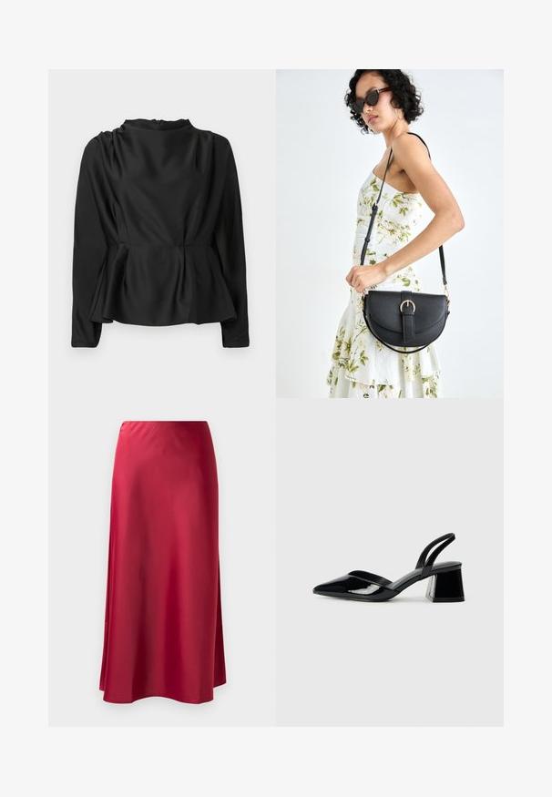 Must musta, pikkade varrukatega pluus peplum-vööga. Sile, satiinilaadne kangas kõrge kaelusega ja peidetud tõmblukuga taga.; Punane satiin pikk seelik, millel on sile tekstuur, veidi laienev vorm ja külgvahe, et tagada liikumisvabadus. nähtavad riistvara ega kaunistused puuduvad.; Mustad musta lakknahk kingad, millel on terav varvas ja geomeetriline plokkkonts. Omab elegantselt minimalistlikku disaini ja sujuvat tekstuuri.; Mustmust mustraha kõverate joontega, eemaldatava rihmaga ja kuldsete detailidega. Kotil on klapp, millel on pandladetail.